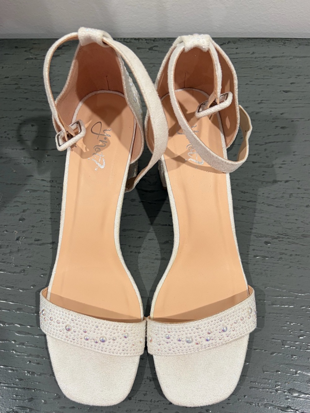 Women’s Ivory Ankle-Strap Heels with Crystal-Embellished Front Band